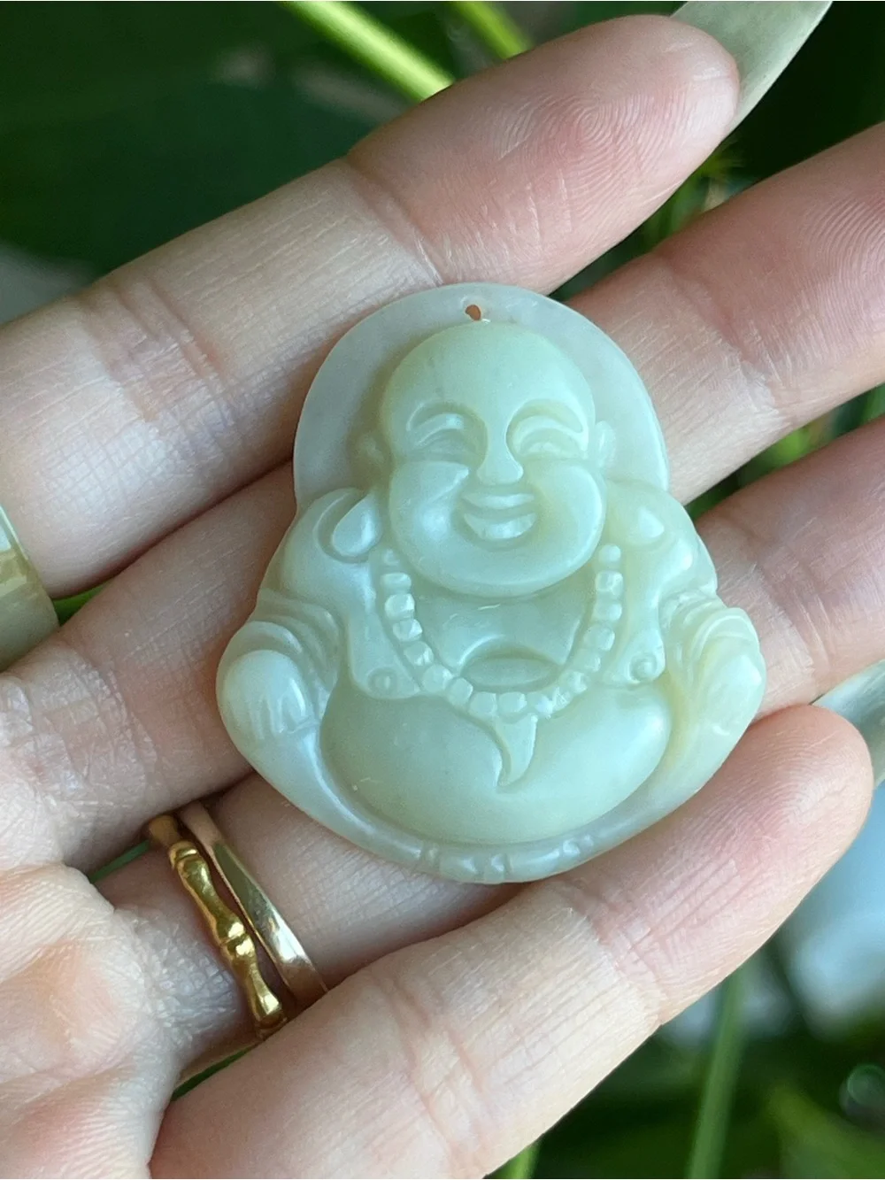 Natural Light Green Nephrite Jade Carved Laughing Buddha Pendant - NWOT